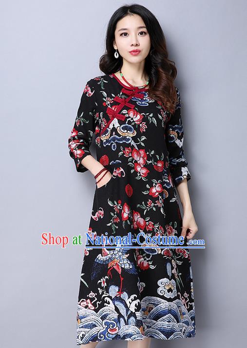 Traditional Chinese National Costume, Elegant Hanfu Plated Buttons Long Black Dress, China Tang Suit Cheongsam Upper Outer Garment Elegant Dress Clothing for Women