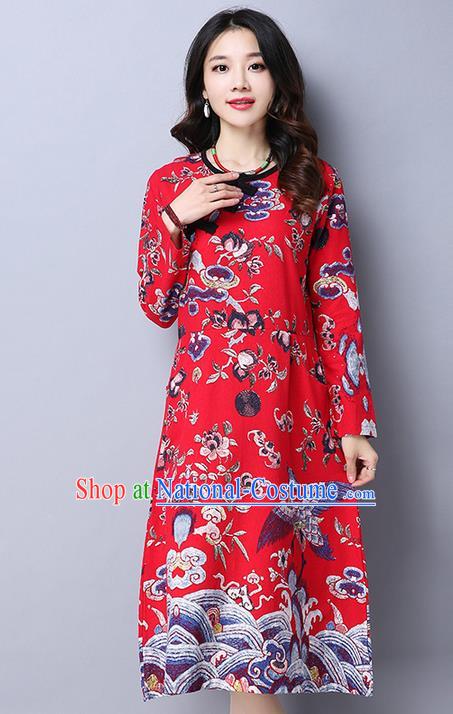 Traditional Chinese National Costume, Elegant Hanfu Plated Buttons Long Red Dress, China Tang Suit Cheongsam Upper Outer Garment Elegant Dress Clothing for Women