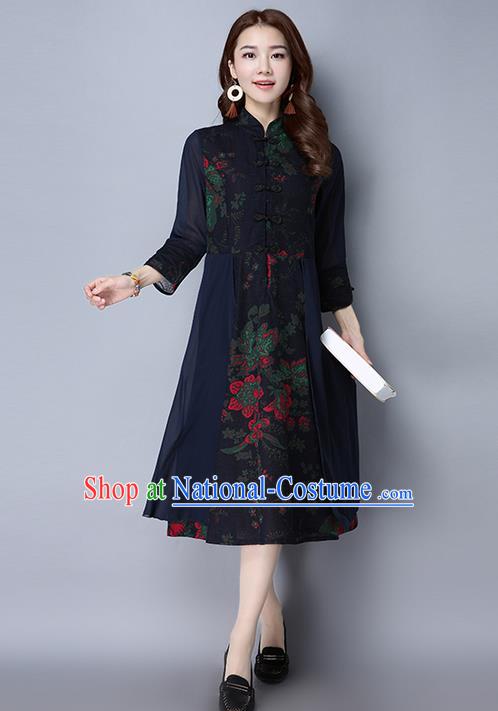 Traditional Chinese National Costume, Elegant Hanfu Linen Plated Buttons Navy Cheongsam Dress, China Tang Suit Cheongsam Upper Outer Garment Elegant Dress Clothing for Women