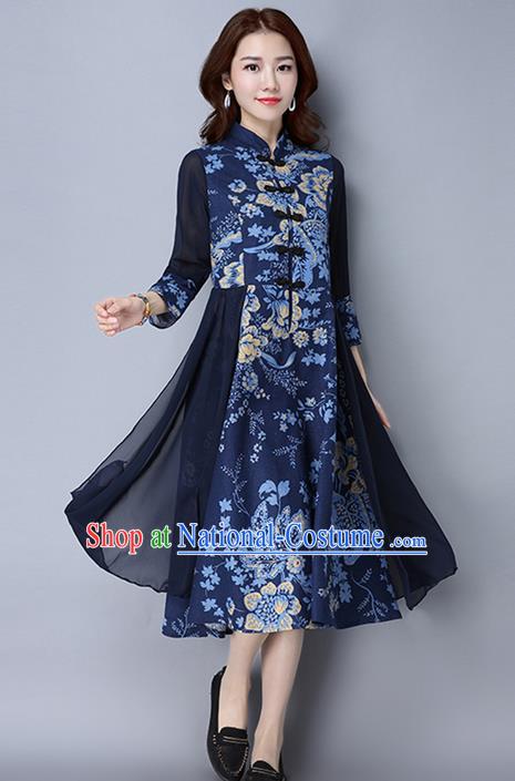 Traditional Chinese National Costume, Elegant Hanfu Linen Plated Buttons Royalblue Cheongsam Dress, China Tang Suit Cheongsam Upper Outer Garment Elegant Dress Clothing for Women