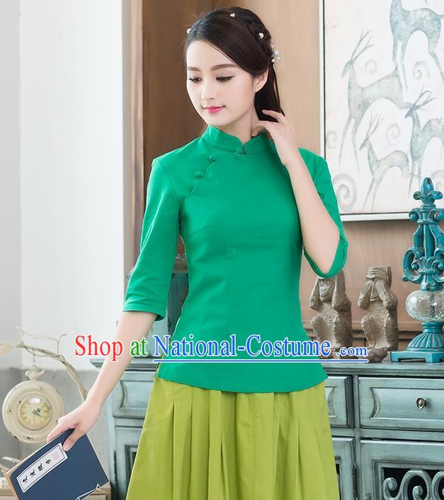 Traditional Chinese National Costume, Elegant Hanfu Linen Plated Buttons Stand Collar Green Blouse, China Tang Suit Cheongsam Shirts Upper Outer Garment Elegant Blouses for Women