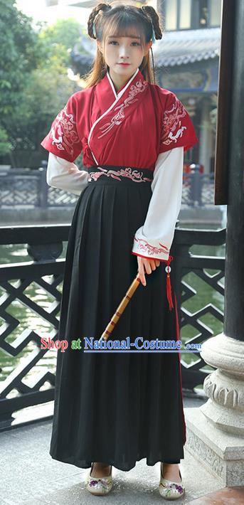 Traditional Ancient Chinese Young Lady Costume Printing Slant Opening Embroidered Blouse Half-Sleeves and Slip Skirt Complete Set, Elegant Hanfu Suits Clothing Chinese Ming Dynasty Imperial Princess Dress Clothing for Women