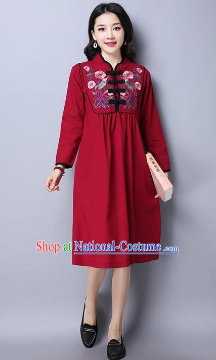 Traditional Ancient Chinese National Costume, Elegant Hanfu Mandarin Qipao Linen Embroidery Red Dress, China Tang Suit Upper Outer Garment Elegant Dress Clothing for Women