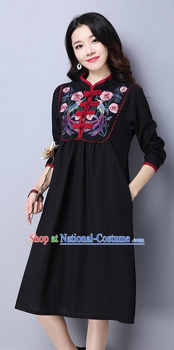 Traditional Ancient Chinese National Costume, Elegant Hanfu Mandarin Qipao Linen Embroidery Black Dress, China Tang Suit Upper Outer Garment Elegant Dress Clothing for Women