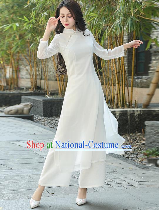 Traditional Ancient Chinese National Costume, Elegant Hanfu Mandarin Qipao White Ao Dai High Split Cheongsam Dress, China Tang Suit Upper Outer Garment Elegant Dress Clothing for Women