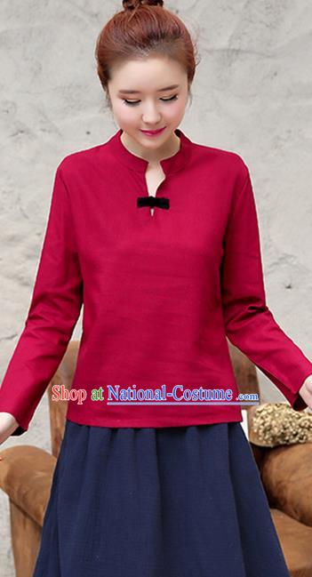 Traditional Chinese National Costume, Elegant Hanfu Stand Collar Red T-Shirt, China Tang Suit Republic of China Plated Buttons Chirpaur Blouse Cheong-sam Upper Outer Garment Qipao Shirts Clothing for Women