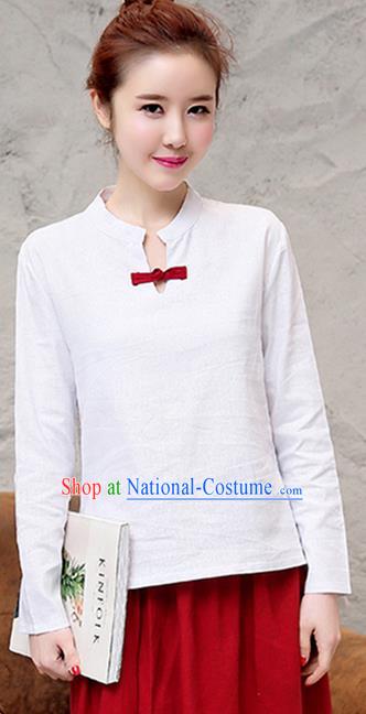 Traditional Chinese National Costume, Elegant Hanfu Stand Collar White T-Shirt, China Tang Suit Republic of China Plated Buttons Chirpaur Blouse Cheong-sam Upper Outer Garment Qipao Shirts Clothing for Women