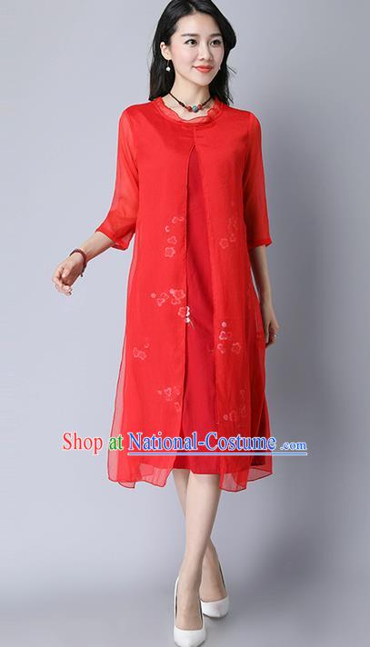 Traditional Ancient Chinese National Costume, Elegant Hanfu Mandarin Qipao Plated Buttons Cheongsam Print Peach Blossom Red Dress, China Tang Suit Upper Outer Garment Elegant Dress Clothing for Women