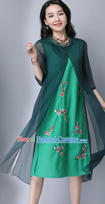 Traditional Ancient Chinese National Costume, Elegant Hanfu Mandarin Qipao Plated Buttons Cheongsam Print Peach Blossom Green Dress, China Tang Suit Upper Outer Garment Elegant Dress Clothing for Women