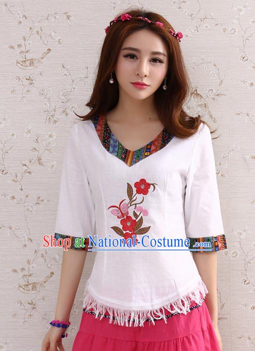 Traditional Chinese National Costume, Elegant Hanfu Embroidery Flowers T-Shirt, China Tang Suit Republic of China Plated Buttons Chirpaur Blouse Cheong-sam Upper Outer Garment Qipao Shirts Clothing for Women