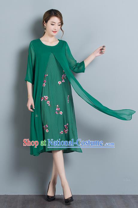 Traditional Ancient Chinese National Costume, Elegant Hanfu Mandarin Qipao Embroidered Peach Blossom Green Dress, China Tang Suit Cheongsam Upper Outer Garment Elegant Dress Clothing for Women