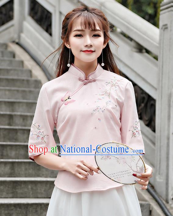 Traditional Chinese National Costume, Elegant Hanfu Embroidery Flowers Slant Opening Pink T-Shirt, China Tang Suit Republic of China Plated Buttons Chirpaur Blouse Cheong-sam Upper Outer Garment Qipao Shirts Clothing for Women