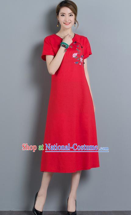 Traditional Ancient Chinese National Costume, Elegant Hanfu Qipao Embroidered Red Dress, China Tang Suit Cheongsam Upper Outer Garment Elegant Dress Clothing for Women