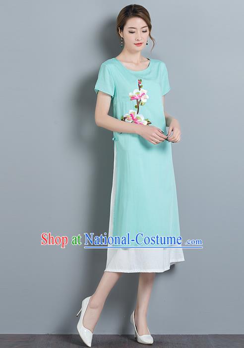 Traditional Ancient Chinese National Costume, Elegant Hanfu Qipao Embroidered Blue Dress, China Tang Suit Cheongsam Upper Outer Garment Elegant Dress Clothing for Women