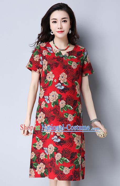 Traditional Ancient Chinese National Costume, Elegant Hanfu Qipao Printing Red Dress, China Tang Suit Cheongsam Upper Outer Garment Elegant Dress Clothing for Women