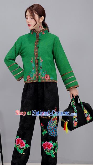 Traditional Ancient Chinese National Costume, Elegant Hanfu Stand Collar Embroidered Green Short Coat, China Tang Suit Plated Buttons Jacket, Upper Outer Garment Coat Clothing for Women