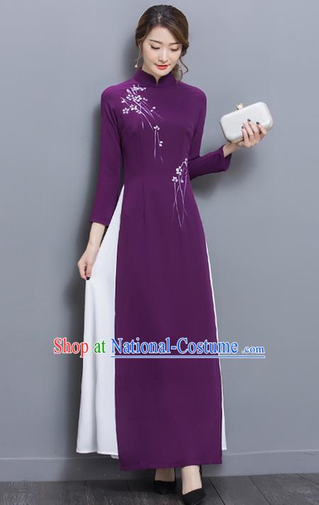 Traditional Ancient Chinese National Costume, Elegant Hanfu Mandarin Qipao Purple Ao Dai Dress, China Tang Suit Chirpaur Republic of China Cheongsam Upper Outer Garment Elegant Dress Clothing for Women