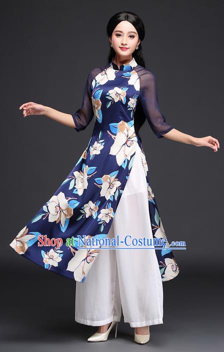 Traditional Ancient Chinese National Costume, Elegant Hanfu Mandarin Qipao Printing Blue Ao Dai Dress, China Tang Suit Chirpaur Republic of China Cheongsam Upper Outer Garment Elegant Dress Clothing for Women