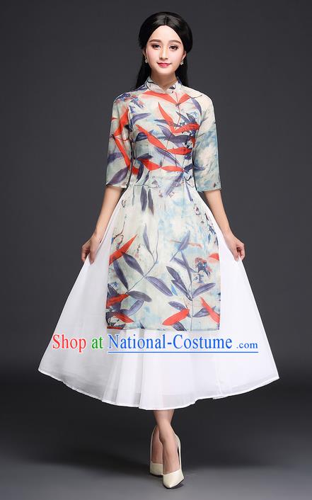 Traditional Ancient Chinese National Costume, Elegant Hanfu Mandarin Qipao Printing Ao Dai Dress, China Tang Suit Chirpaur Republic of China Cheongsam Upper Outer Garment Elegant Dress Clothing for Women