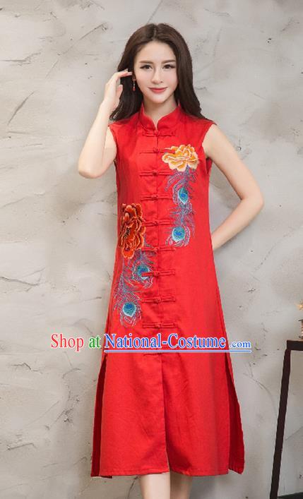 Traditional Ancient Chinese National Costume, Elegant Hanfu Mandarin Qipao Embroidered Front Opening Red Dress, China Tang Suit Plated Buttons Chirpaur Republic of China Cheongsam Upper Outer Garment Elegant Dress Clothing for Women