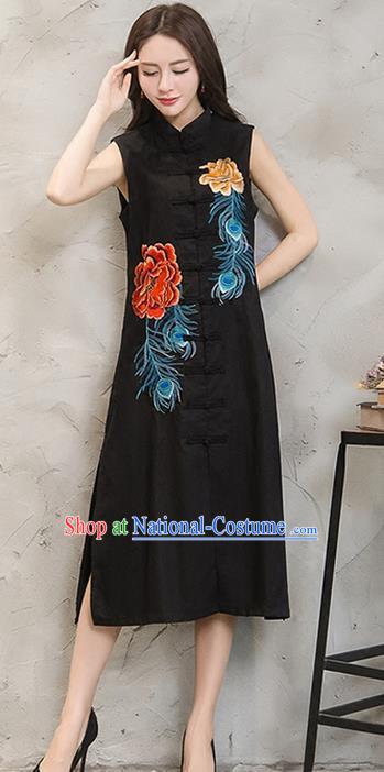 Traditional Ancient Chinese National Costume, Elegant Hanfu Mandarin Qipao Embroidered Front Opening Black Dress, China Tang Suit Plated Buttons Chirpaur Republic of China Cheongsam Upper Outer Garment Elegant Dress Clothing for Women