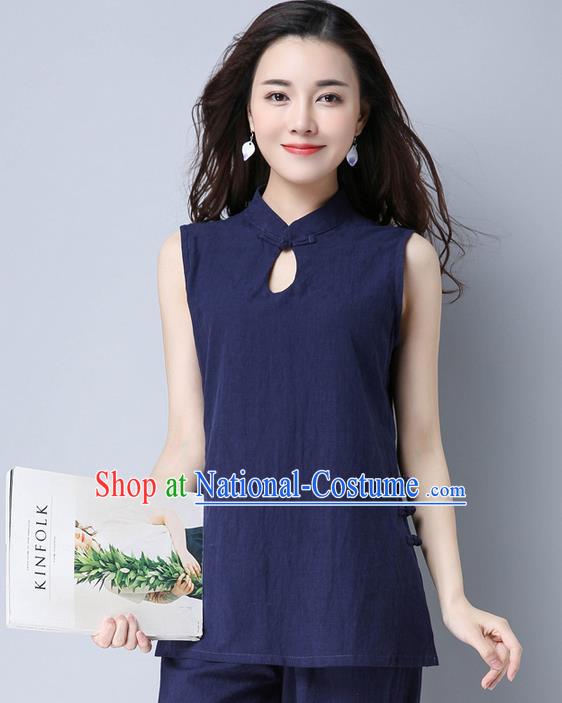 Traditional Chinese National Costume, Elegant Hanfu Linen Navy Vests, China Tang Suit Cheongsam Upper Outer Garment Elegant Waistcoat Clothing for Women