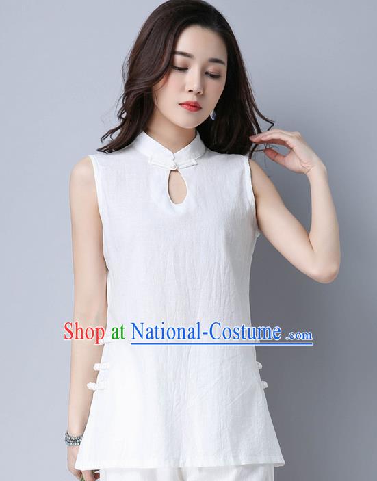 Traditional Chinese National Costume, Elegant Hanfu Linen White Vests, China Tang Suit Cheongsam Upper Outer Garment Elegant Waistcoat Clothing for Women