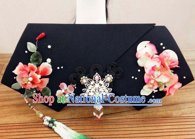 Traditional Ancient Chinese Imperial Consort Hair Jewellery Accessories, Chinese Qing Dynasty Manchu Palace Lady Flowers Headwear Zhen Huan Big La fin Tassel Headpiece, Chinese Mandarin Imperial Concubine Flag Head Hat Decoration Accessories for Women