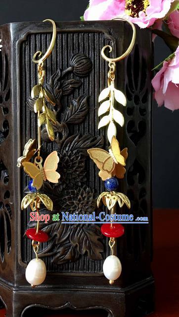 Traditional Handmade Chinese Ancient Classical Accessories, Chinese Eardrop Long Pearl Tassel Jewellery Earrings Hanfu Butterfly Earbob for Women