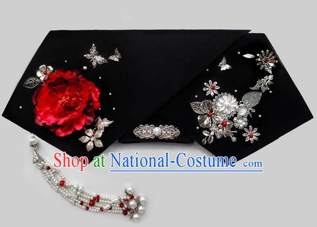 Traditional Ancient Chinese Hair Jewellery Accessories, Chinese Qing Dynasty Manchu Palace Lady Headwear Zhen Huan Big La fin Flowers Tassel Headpiece, Chinese Mandarin Imperial Concubine Flag Head Hat Decoration Accessories for Women