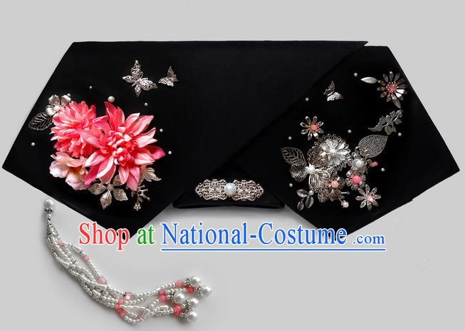 Traditional Ancient Chinese Hair Jewellery Accessories, Chinese Qing Dynasty Manchu Palace Lady Headwear Zhen Huan Big La fin Flowers Beads Tassel Headpiece, Chinese Mandarin Imperial Concubine Flag Head Hat Decoration Accessories for Women