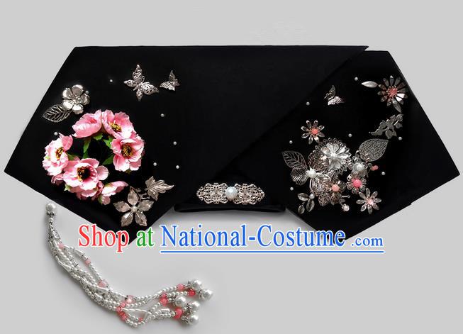 Traditional Ancient Chinese Hair Jewellery Accessories, Chinese Qing Dynasty Manchu Palace Lady Headwear Zhen Huan Big La fin Flowers Beads Tassel Headpiece, Chinese Mandarin Imperial Concubine Flag Head Hat Decoration Accessories for Women