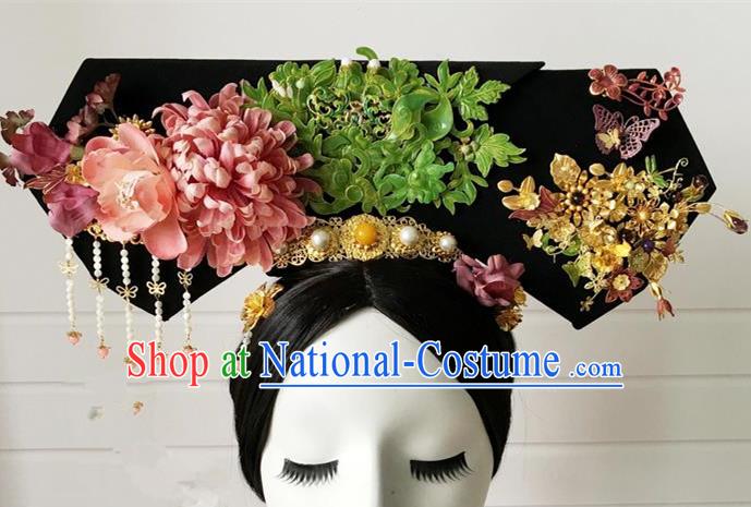 Traditional Ancient Chinese Imperial Consort Hair Jewellery Accessories, Chinese Qing Dynasty Manchu Palace Lady Headwear Zhen Huan Big La fin Headpiece, Chinese Mandarin Imperial Concubine Flag Head Hat Decoration Accessories for Women