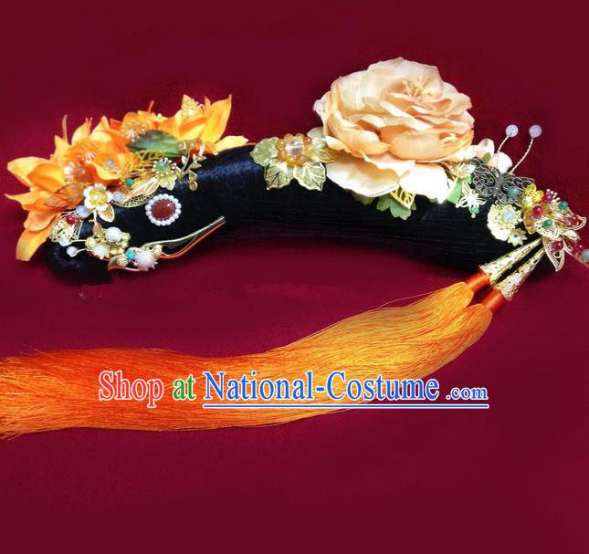 Traditional Ancient Chinese Imperial Consort Hair Jewellery Accessories, Chinese Qing Dynasty Manchu Palace Lady Wig and Zhen Huan Big La fin Headpiece Complete Set, Chinese Mandarin Imperial Concubine Flag Head Hat Decoration Accessories for Women