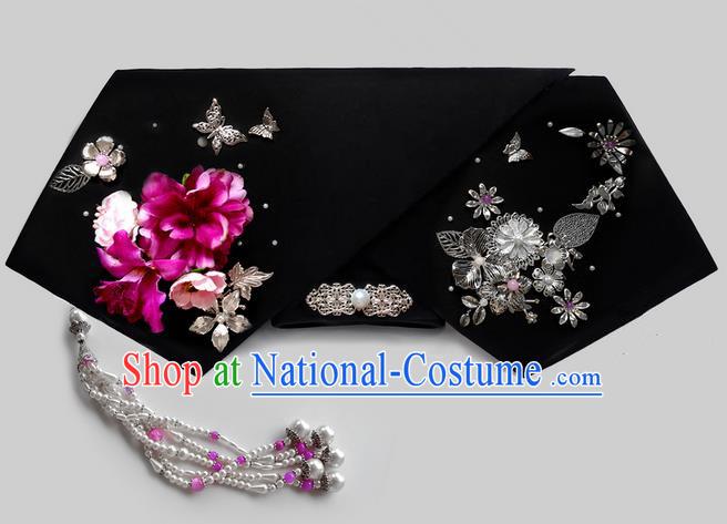 Traditional Ancient Chinese Hair Jewellery Accessories, Chinese Qing Dynasty Manchu Palace Lady Headwear Zhen Huan Big La fin Flowers Beads Tassel Headpiece, Chinese Mandarin Imperial Concubine Flag Head Hat Decoration Accessories for Women