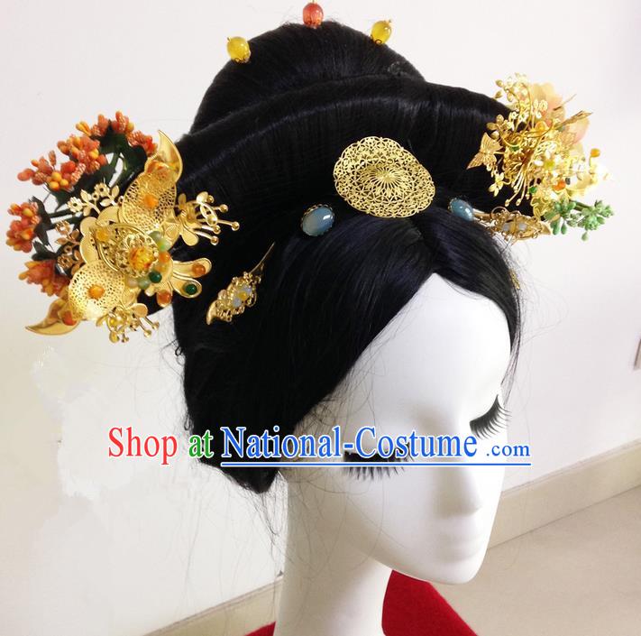 Traditional Ancient Chinese Imperial Consort Hair Jewellery Accessories, Chinese Qing Dynasty Manchu Palace Lady Headwear Zhen Huan Wig and Big La fin Headpiece, Chinese Mandarin Imperial Concubine Flag Head Hat Decoration Accessories for Women