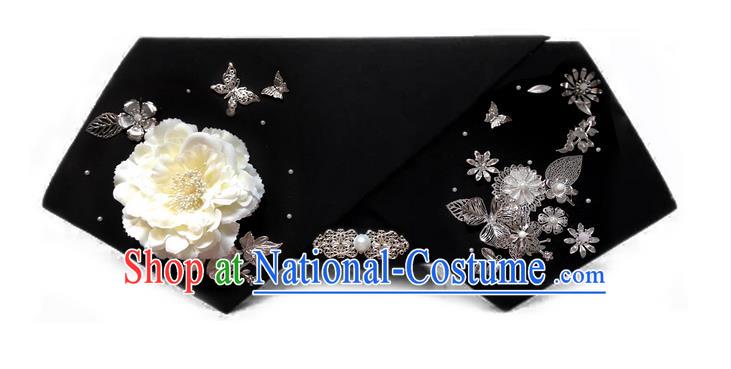 Traditional Ancient Chinese Hair Jewellery Accessories, Chinese Qing Dynasty Manchu Palace Lady Headwear Zhen Huan Big La fin White Peony Flowers Headpiece, Chinese Mandarin Imperial Concubine Flag Head Hat Decoration Accessories for Women