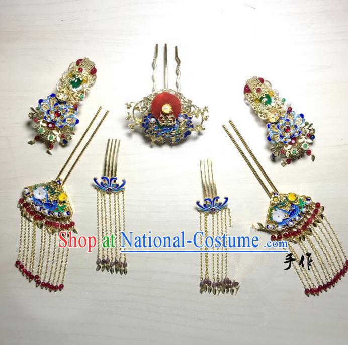 Traditional Handmade Chinese Ancient Classical Hair Accessories Bride Wedding Barrettes Hairpin Complete Set, Hanfu Princess Wedding Hair Sticks Hair Jewellery, Hair Fascinators Hairpins for Women