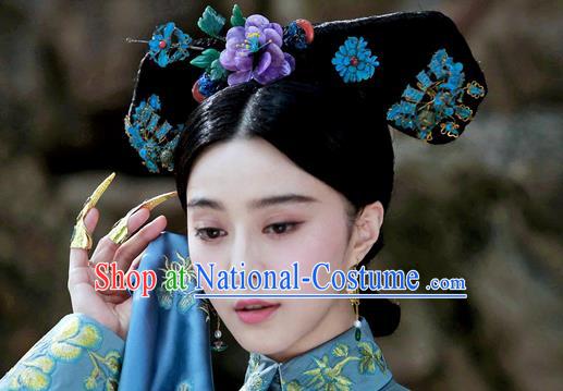 Traditional Ancient Chinese Imperial Consort Hair Accessories, Chinese Handmade Qing Dynasty Manchu Palace Lady Headwear and Wig Big La fin Headpiece, Chinese Mandarin Imperial Concubine Flag Head Hat Decoration Accessories for Women