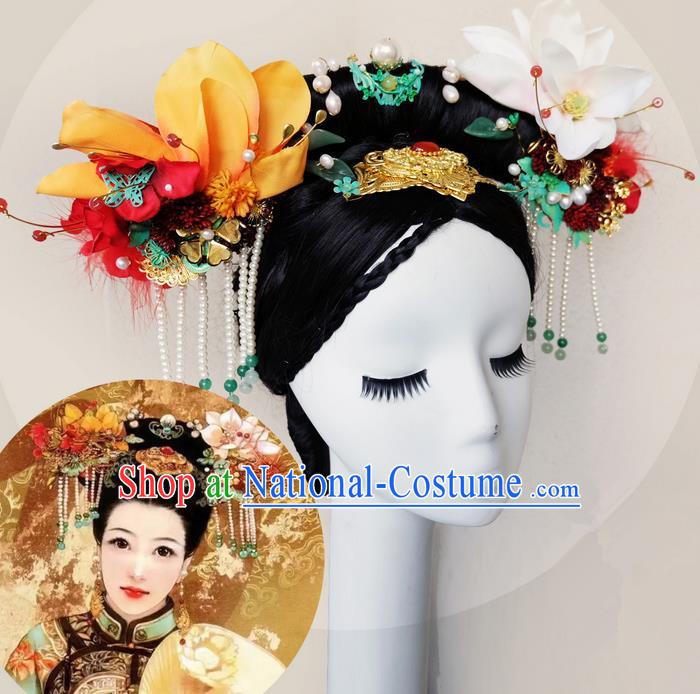 Traditional Ancient Chinese Hair Jewellery Accessories, Chinese Qing Dynasty Manchu Palace Lady Headwear and Wigs Zhen Huan Big La fin Headpiece, Chinese Mandarin Imperial Concubine Flag Head Hat Decoration Accessories for Women