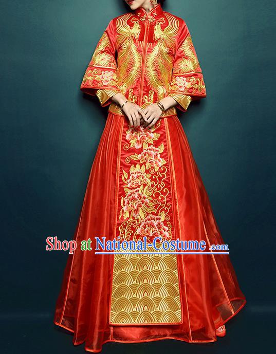 Traditional Ancient Chinese Costume Xiuhe Suits, Chinese Style Wedding Dress Red Restoring Ancient Embroidered Longfeng Dragon and Phoenix Flown, Bride Toast Cheongsam for Women