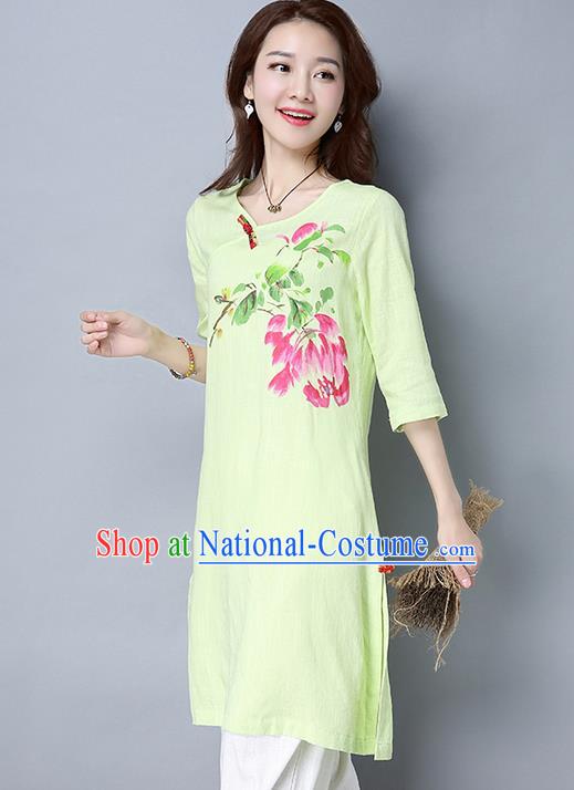 Traditional Ancient Chinese National Costume, Elegant Hanfu Mandarin Qipao Linen Hand Painting Green Dress, China Tang Suit Cheongsam Garment Elegant Dress Clothing for Women