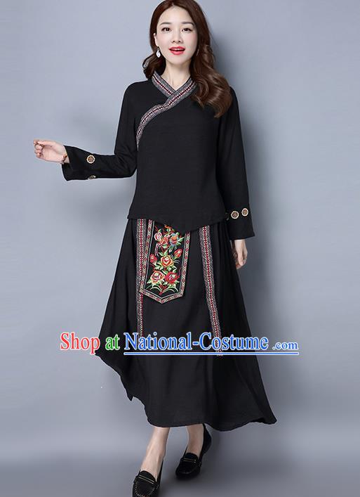 Traditional Ancient Chinese Costume, Elegant Hanfu Clothing Folk Dance Embroidered Black Slant Opening Blouse and Dress, China Tang Dynasty Princess Elegant Blouse and Skirt Complete Set for Women