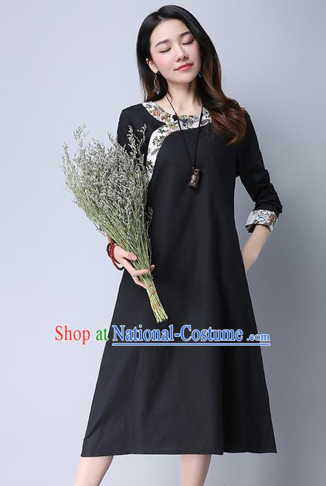 Traditional Ancient Chinese National Costume, Elegant Hanfu Printing Slant Opening Black Dress, China Tang Suit Cheongsam Garment Elegant Dress Clothing for Women