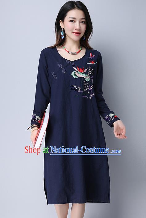 Traditional Ancient Chinese National Costume, Elegant Hanfu Embroidered Slant Opening Blue Dress, China Tang Suit Plated Buttons Cheongsam Garment Elegant Dress Clothing for Women