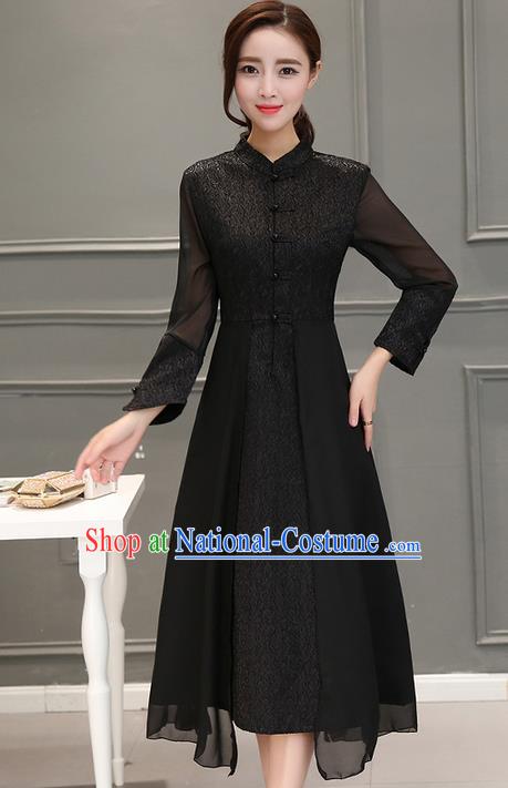 Traditional Ancient Chinese National Costume, Elegant Hanfu Embroidered Silk Front Opening Black Dress, China Tang Suit Stand Collar Cheongsam Garment Elegant Dress Clothing for Women