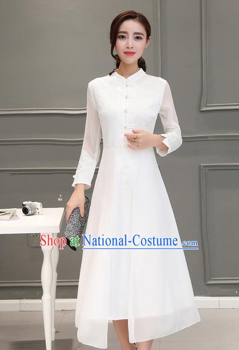 Traditional Ancient Chinese National Costume, Elegant Hanfu Embroidered Silk Front Opening White Dress, China Tang Suit Stand Collar Cheongsam Garment Elegant Dress Clothing for Women