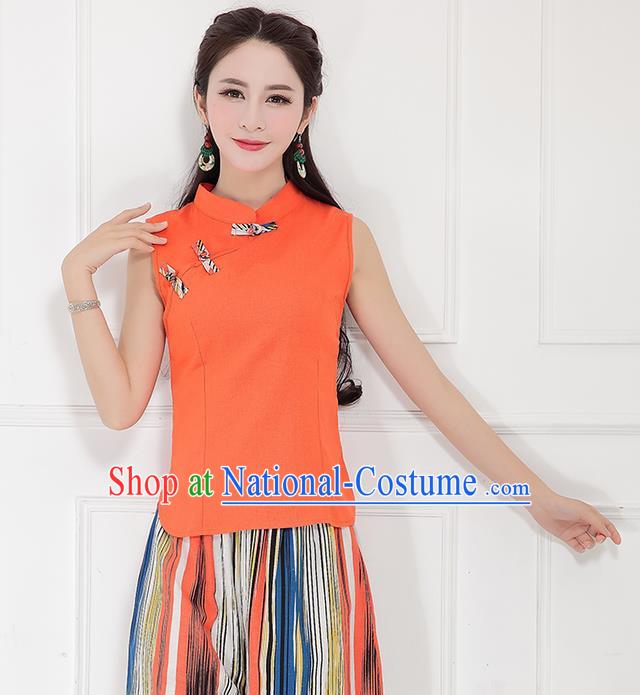 Traditional Chinese National Costume, Elegant Hanfu Linen Slant Opening Orange T-Shirt Vest, China Tang Suit Plated Buttons Sleeveless Shirt Blouse Cheong-sam Upper Outer Garment Qipao Shirts Clothing for Women