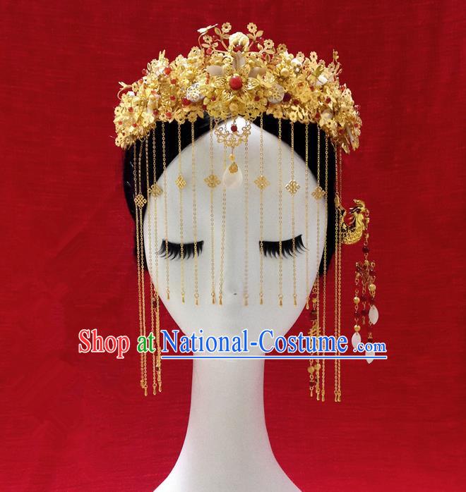 Traditional Handmade Chinese Ancient Classical Hair Accessories Bride Wedding Barrettes Phoenix Coronet Complete Set, Xiuhe Suit Hair Sticks Hair Jewellery, Hair Fascinators Hairpins for Women