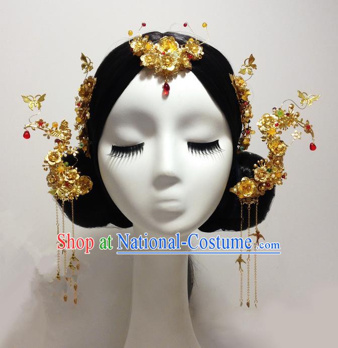 Traditional Handmade Chinese Ancient Classical Hair Accessories Bride Wedding Barrettes Phoenix Coronet Complete Set, Xiuhe Suit Tassel Hair Sticks Hair Jewellery, Hair Fascinators Hairpins for Women